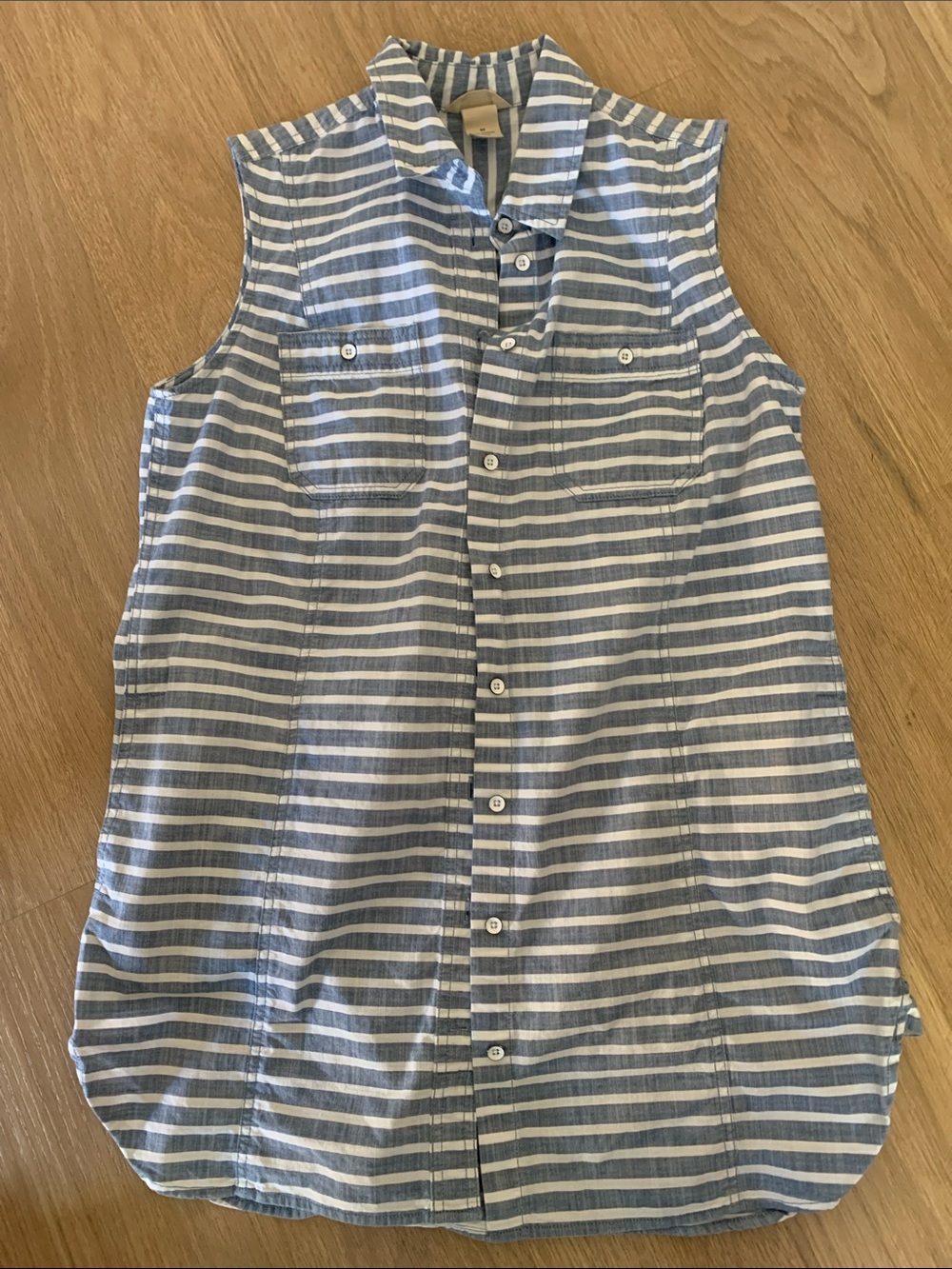 Duluth Trading Co Blue and White Striped Sleeveless long Button-Down Shirt